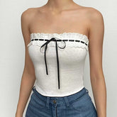 Contrast stitch lace hem self tie backless tube crop top