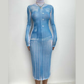 Sheer mesh see through turtle neck long sleeve contrast print midi dress