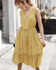 V-neck Button Floral Midi Maxi Dresses