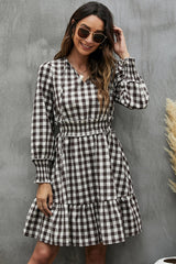 Fashion Plaid Print Rulle Hem Mini Dress