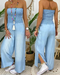 Tube Top Strapless Elastic Waist Slit Leg Denim Jumpsuit