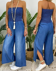 Tube Top Strapless Elastic Waist Slit Leg Denim Jumpsuit