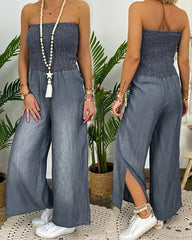 Tube Top Strapless Elastic Waist Slit Leg Denim Jumpsuit