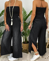 Tube Top Strapless Elastic Waist Slit Leg Denim Jumpsuit