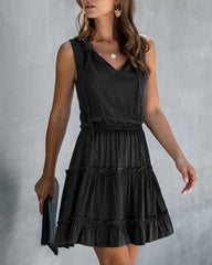 V-neck Lace-up Pleated Elastic Waist Mini Dress