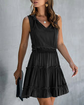 V-neck Lace-up Pleated Elastic Waist Mini Dress