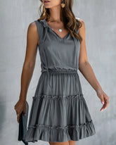 V-neck Lace-up Pleated Elastic Waist Mini Dress