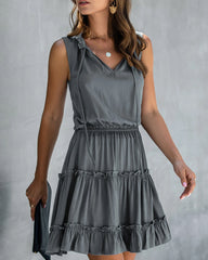 V-neck Lace-up Pleated Elastic Waist Mini Dress