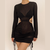 See through long sleeve ruched open back drawstring dress