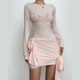 Bowknot ruched solid patchwork long sleeve self tie mini dress