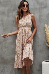 Floral Print V Neck Ruffle Hem Sleeveless Dress