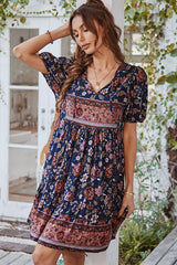 Bohemian V Neck Knoe Sleeve Mini Dress