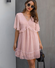 V-neck 1/2 Sleeve Printed Ruffled Mini Dress