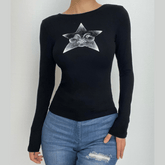 Star pattern long sleeve crewneck contrast top