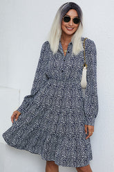 Long Sleeve Printed Lapel Midi Dress