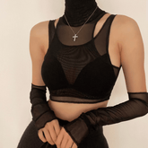 Sheer mesh see-through high neck off shoulder top