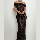 Lace off shoulder see through solid ruched maxi dress