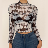 Sheer mesh see through print stitch ruffle open back top