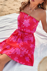 Fashion Floral Print Strapless Tie Waist Casual Dress