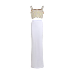 Abby Beaded Pearl Crop Top with White Silk Skirt