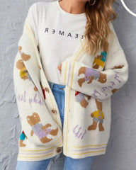V-neck Single-breasted Bear Cartoon Knit Sweater Cardigan