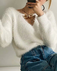 V-ncek Knit Furry Shirts Sweaters Blouses