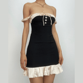 Sleeveless square neck ruffle patchwork contrast mini dress