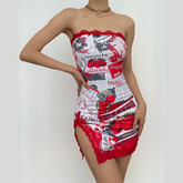 Slit abstract sleeveless contrast backless tube dress