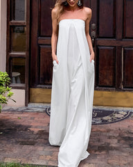 Tube Top Wide Leg Party Pocket Backless Zipper Jumpsuit Red