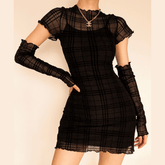 Ruffled mesh plaid long sleeve dress