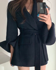 V-neck Vintage Lapel Splicing Lace-up Outerwear Mini Dresses