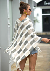 Tassel Fringed Pullover V-neck Collar Plaid Sweater Cloak Shawl Cape