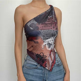 One shoulder irregular contrast print top