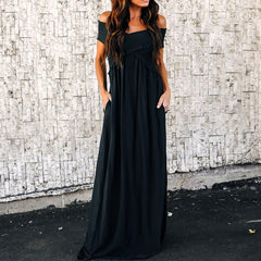 Wrinkle Off The Shoulder Party Vacation Maxi Dresses