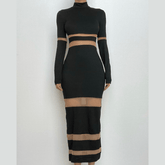 Patchwork mesh contrast long sleeve high neck maxi dress