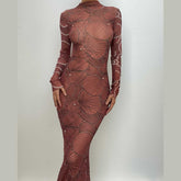 Sheer mesh see through high neck long sleeve beaded maxi dress