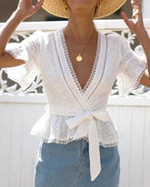 Vintage V-neck Hollow-out Lace Blouses Crop Tops