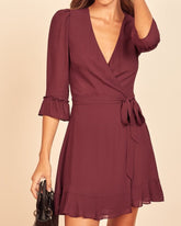 Vintage V-neck 3/4 Sleeve Ruffle Hem Tie-Waist Mini Dresses