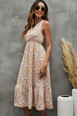 Floral Print V Neck Ruffle Hem Sleeveless Dress