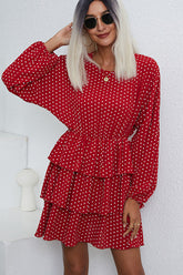 Long Sleeve Dots Print Layered Mini Dress