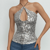 Cross front halter self tie glitter hollow out backless cut out top