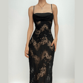 Lace cowl neck see through solid hollow out slit cami midi dress