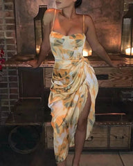 Tie Dye Vintage Irregular Hem Floral Bodycon Party Midi Dresses