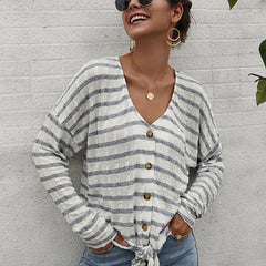 Women V-Collar Single Breasted Stripe Long Sleeve Sweater Cardigan Shirt