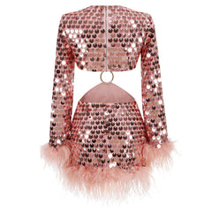 Rosie Long Sleeve Sequin Feather Cutout Mini Dress