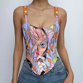 Abstract print contrast lace up corset backless sleeveless crop top