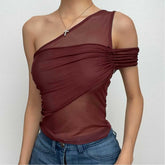 Sheer mesh see through solid one shoulder irregular ruched top