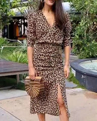 V-neck Leopard Pleated Slit Drawstring Midi Dresses