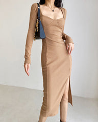 Vintage Square Collar Knit Sweater Midi Dresses