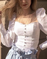 Square Collar Lantern Sleeve Backless Tie-Back Shirts Blouses Crop Tops